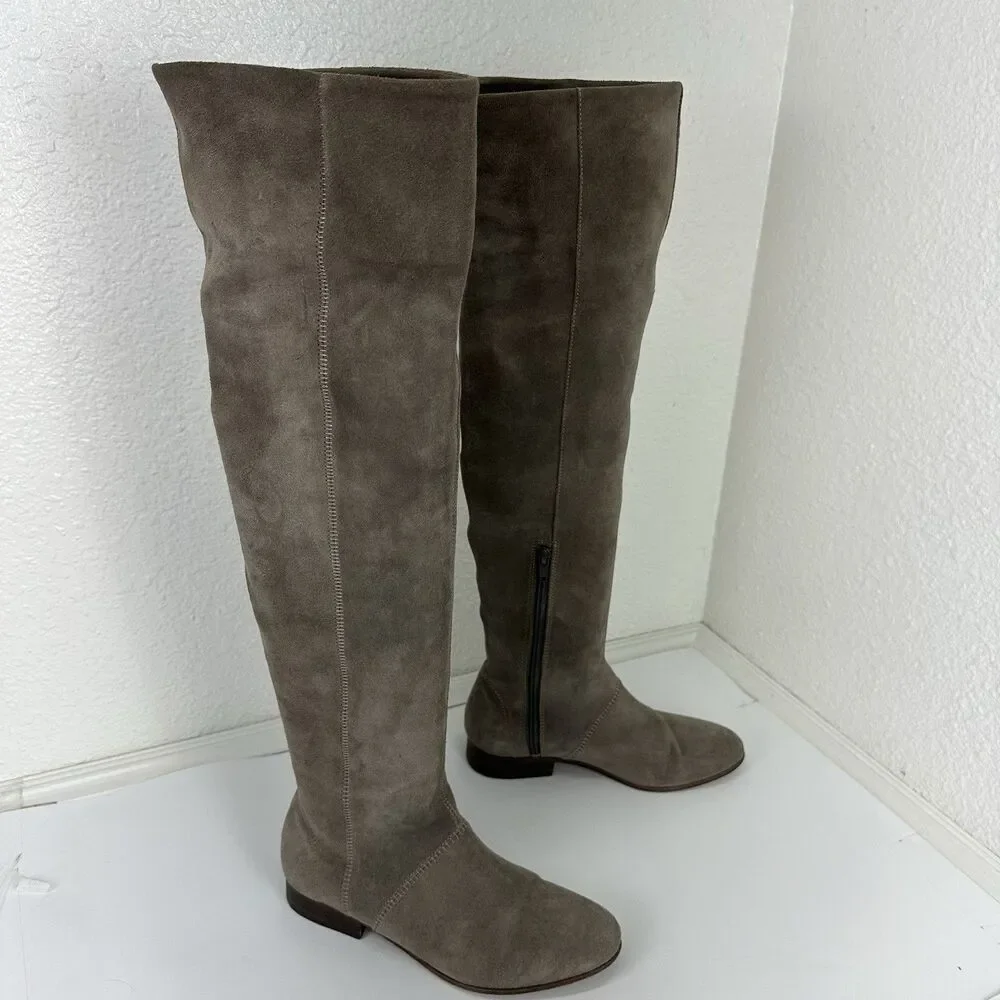 Free People Suede Over The Knee Riding Boots Zip Almond Toe Taupe 36 US 6
